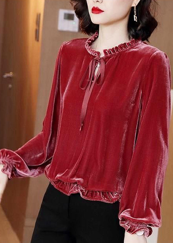 French Red Ruffled Patchwork Tie Lace Silk Velour Top Lantern Sleeve RK004 ABC