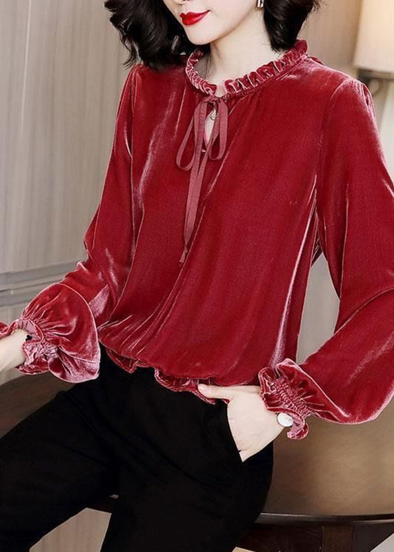 French Red Ruffled Patchwork Tie Lace Silk Velour Top Lantern Sleeve RK004 ABC