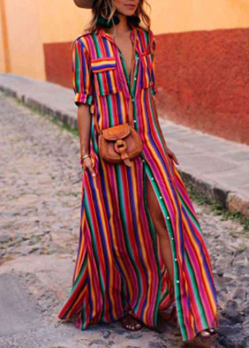 Cotton Striped Dresses Button French Red Shirts Summer FashionChic