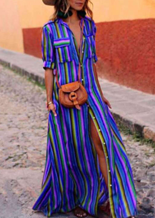 Shirts Button Summer French Red Cotton Dresses Striped FashionChic