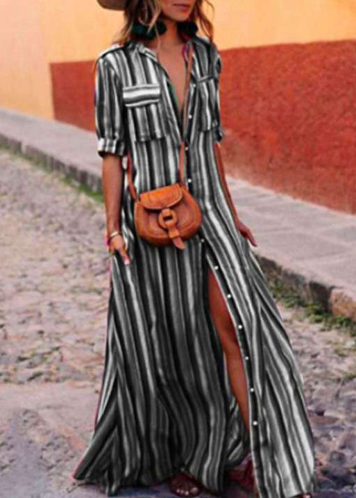 Shirts Button Summer French Red Cotton Dresses Striped FashionChic