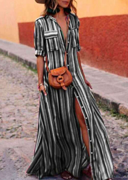 Shirts Button Summer French Red Cotton Dresses Striped FashionChic