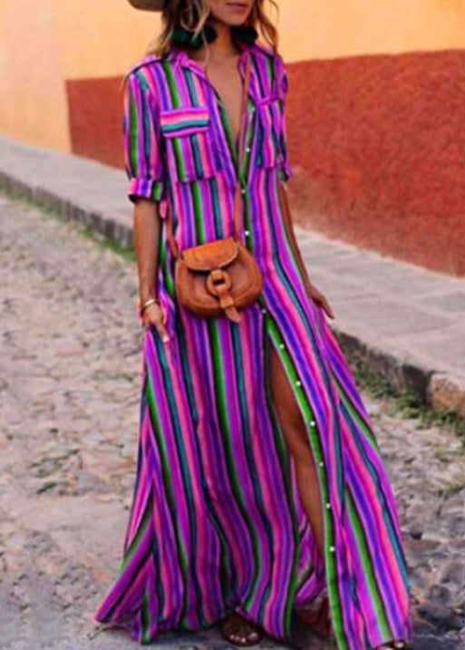 Shirts Button Summer French Red Cotton Dresses Striped FashionChic