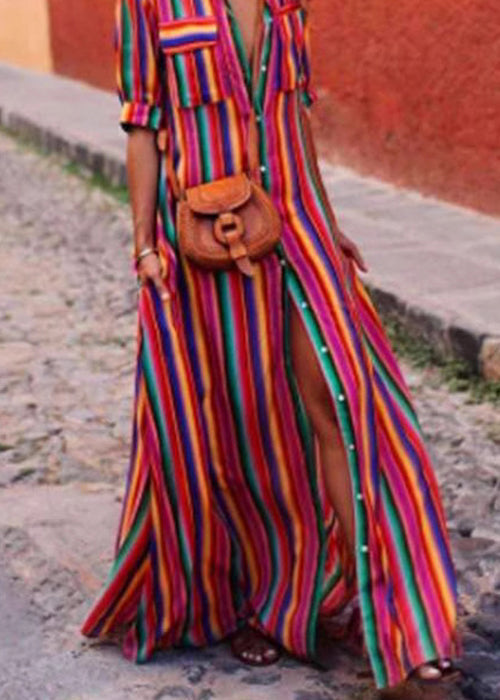 Cotton Striped Dresses Button French Red Shirts Summer FashionChic