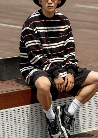 French Mens Red T Striped O-Neck Cotton Spring Shirts FashionChic