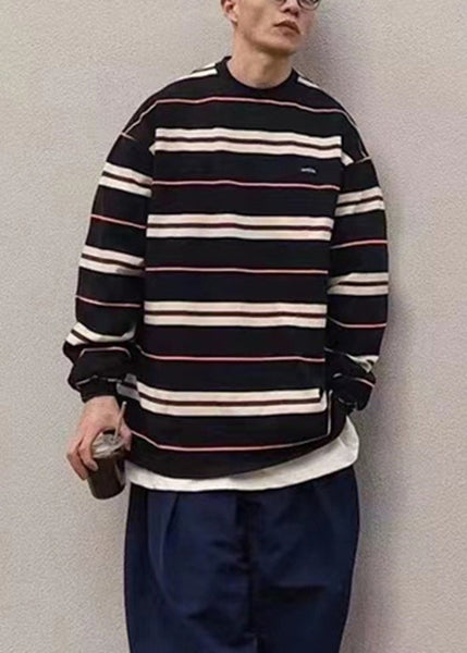 French Mens Red T Striped O-Neck Cotton Spring Shirts FashionChic