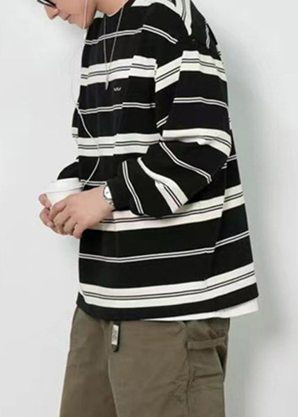 French Mens Red T Striped O-Neck Cotton Spring Shirts FashionChic