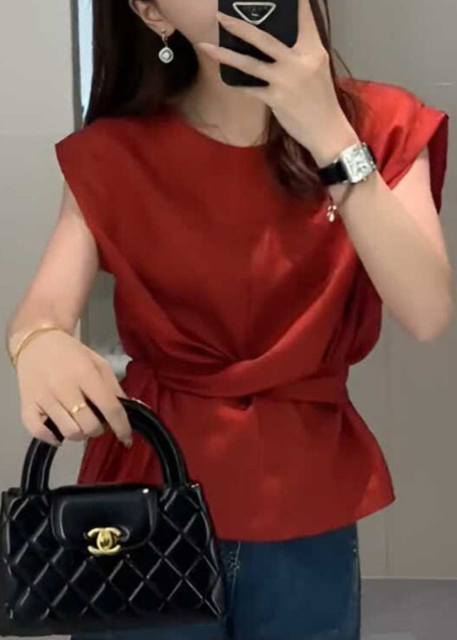 Waist Red Sleeveless Top Solid French Tie FashionChic