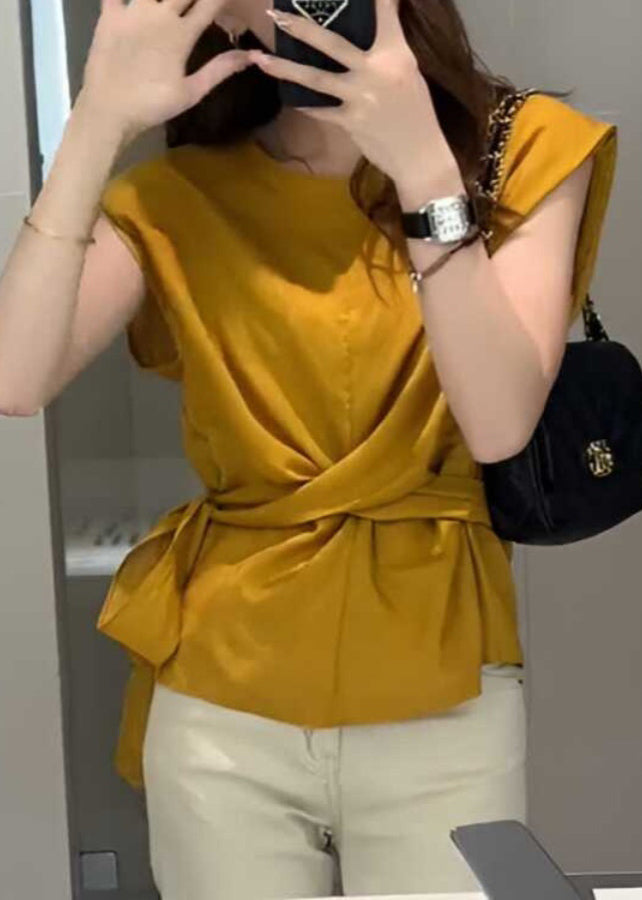 Waist Red Sleeveless Top Solid French Tie FashionChic