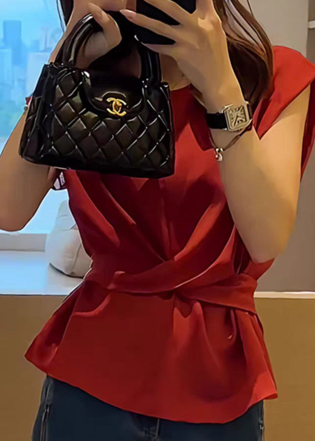 Waist Red Sleeveless Top Solid French Tie FashionChic