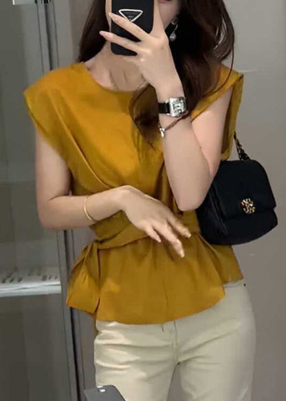 Waist Red Sleeveless Top Solid French Tie FashionChic