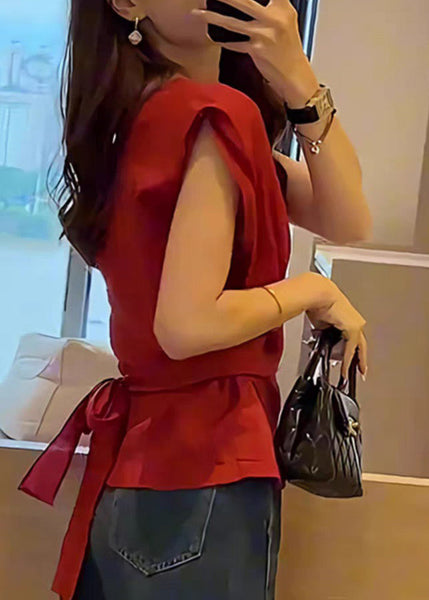 Waist Red Sleeveless Top Solid French Tie FashionChic