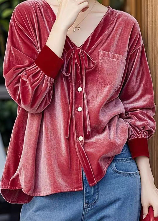 French Red V Neck Lace Up Button Velour Shirt Top Fall WP044 NZ-LTP241107