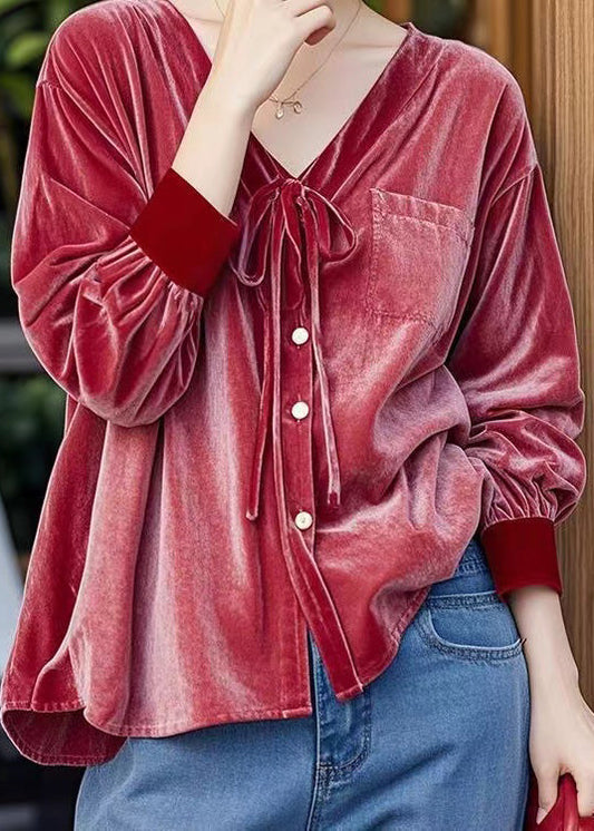 French Red V Neck Lace Up Button Velour Shirt Top Fall WP044 NZ-LTP241107