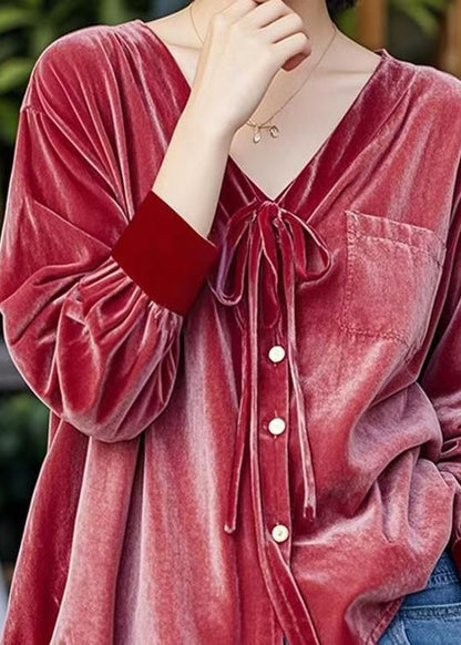 French Red V Neck Lace Up Button Velour Shirt Top Fall WP044 NZ-LTP241107