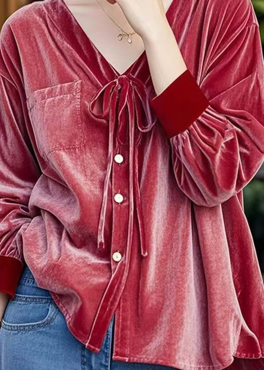 French Red V Neck Lace Up Button Velour Shirt Top Fall WP044 NZ-LTP241107