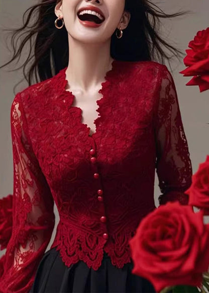 Fit Spring Neck Tops Lace Shirt Slim V Red French FashionChic