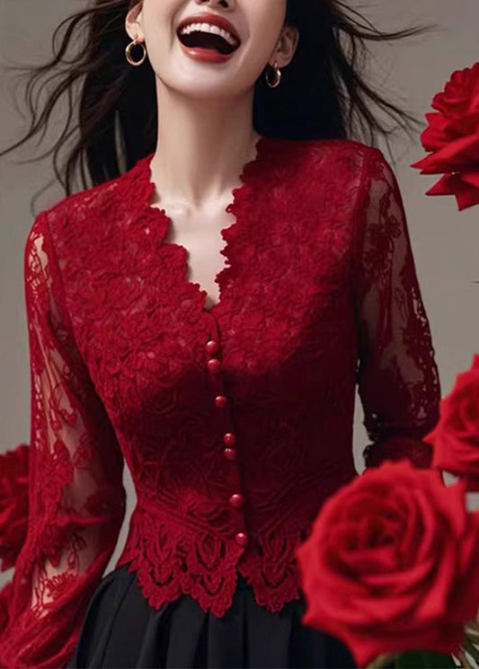 Fit Spring Neck Tops Lace Shirt Slim V Red French FashionChic
