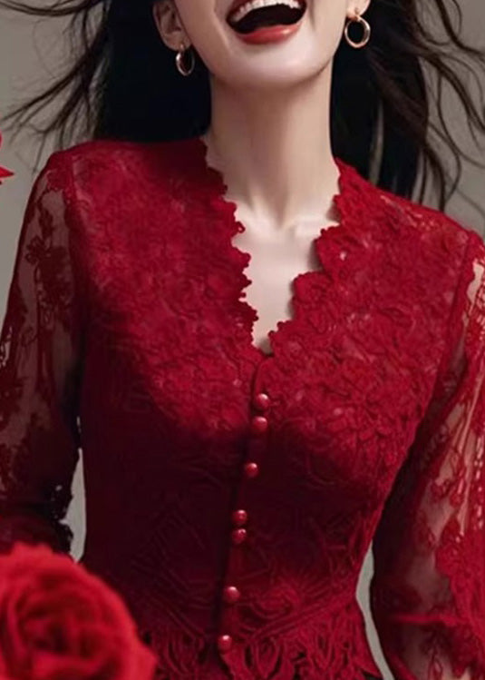 Fit Spring Neck Tops Lace Shirt Slim V Red French FashionChic