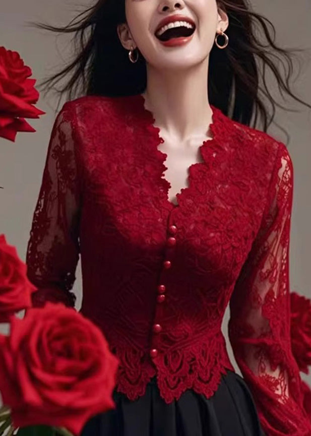 Fit Spring Neck Tops Lace Shirt Slim V Red French FashionChic