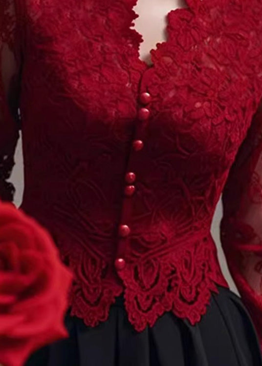 Fit Spring Neck Tops Lace Shirt Slim V Red French FashionChic