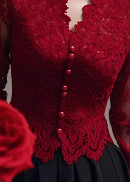 Fit Spring Neck Tops Lace Shirt Slim V Red French FashionChic