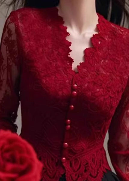 Fit Spring Neck Tops Lace Shirt Slim V Red French FashionChic
