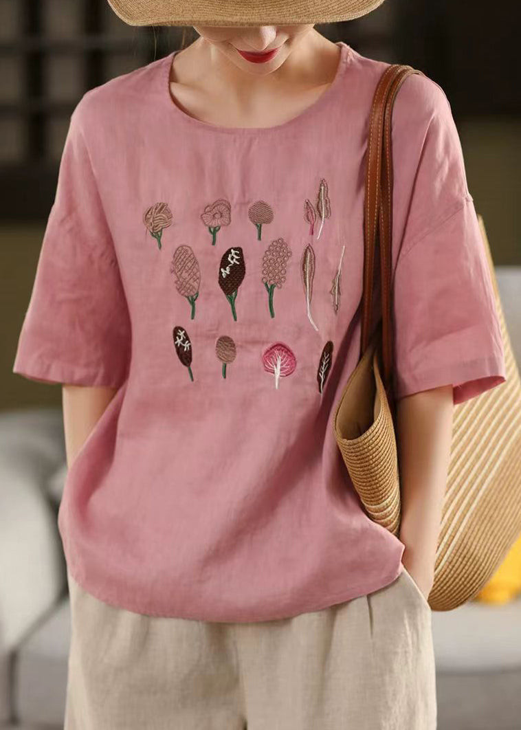 French Half Side Cotton Open Rose Embroidered Sleeve Shirt T FashionChic