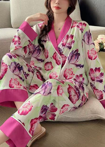 French Rose Peter Pan Collar Print Ice Silk Pajamas 2 Piece Outfit Spring YK018 ABC