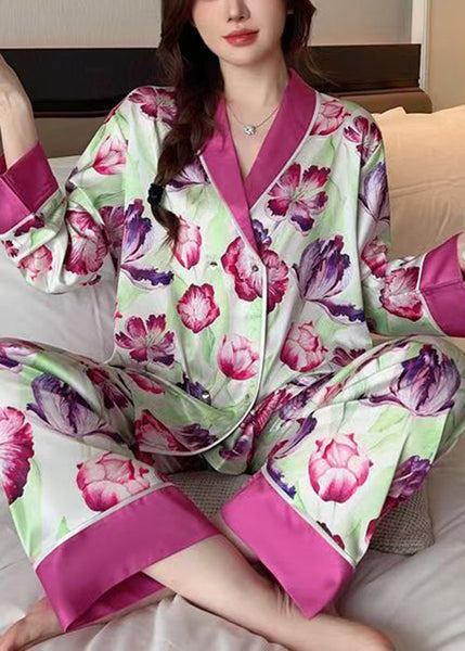 French Rose Peter Pan Collar Print Ice Silk Pajamas 2 Piece Outfit Spring YK018 ABC