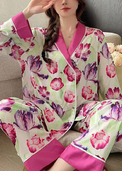 French Rose Peter Pan Collar Print Ice Silk Pajamas 2 Piece Outfit Spring YK018 ABC