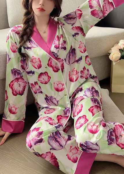 French Rose Peter Pan Collar Print Ice Silk Pajamas 2 Piece Outfit Spring YK018 ABC