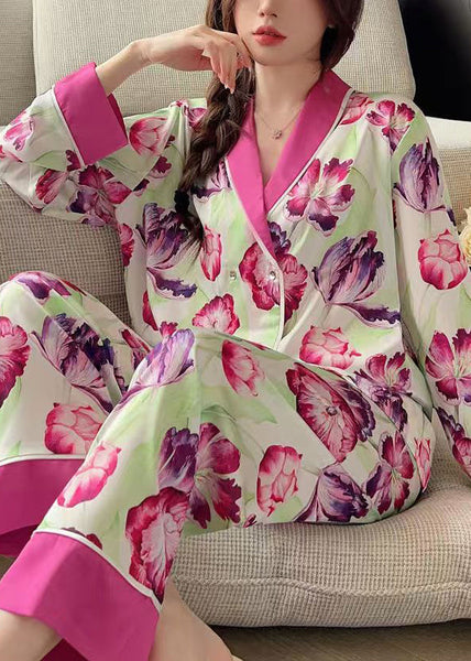 French Rose Peter Pan Collar Print Ice Silk Pajamas 2 Piece Outfit Spring YK018 ABC