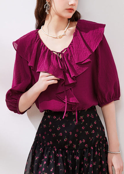 French Rose Ruffled Lace Up Silk Shirts Half Sleeve KK051 SH-LF-HTP240602