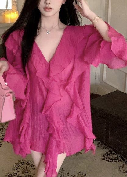 French Rose Ruffled V-neck Flare Sleeve Shirt Top XX038 SH-LF-LTP240611