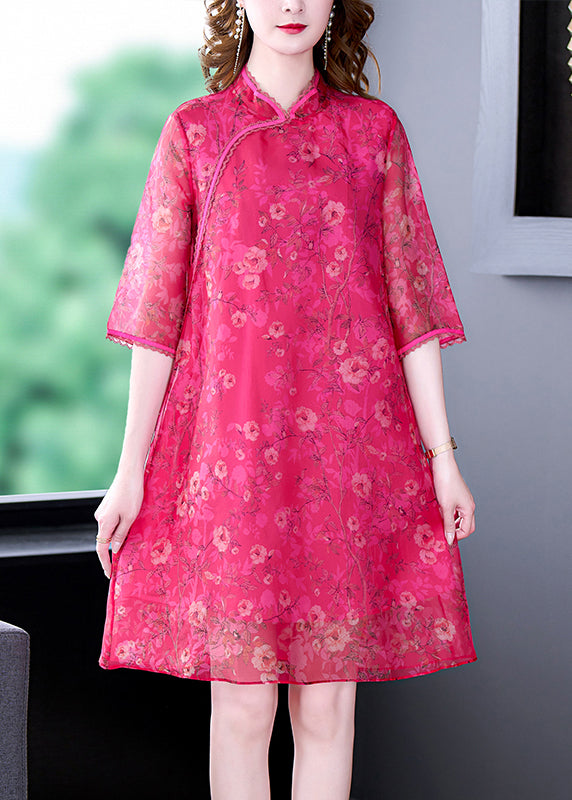 French Rose Stand Collar Print Silk Dress Half Sleeve OP1003 Ada Fashion