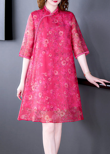French Rose Stand Collar Print Silk Dress Half Sleeve OP1003 Ada Fashion