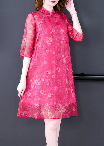 French Rose Stand Collar Print Silk Dress Half Sleeve OP1003 Ada Fashion