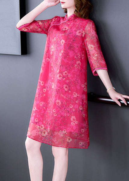French Rose Stand Collar Print Silk Dress Half Sleeve OP1003 Ada Fashion