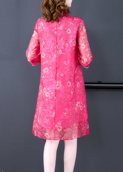 French Rose Stand Collar Print Silk Dress Half Sleeve OP1003 Ada Fashion