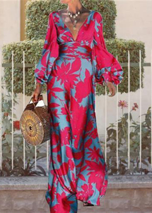 French Rose V Neck Print Cotton Long Dresses Long Sleeve WW1038 Ada Fashion