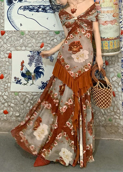 Patchwork Long French Summer Cotton Ruffled Dress Print FashionChic