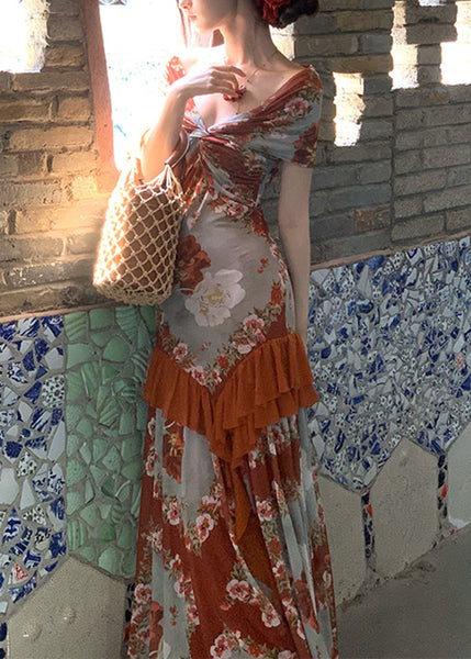 Patchwork Long French Summer Cotton Ruffled Dress Print FashionChic