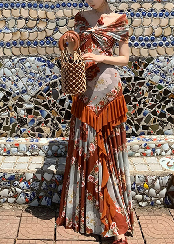 Patchwork Long French Summer Cotton Ruffled Dress Print FashionChic