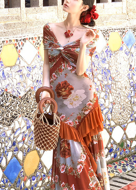 Patchwork Long French Summer Cotton Ruffled Dress Print FashionChic