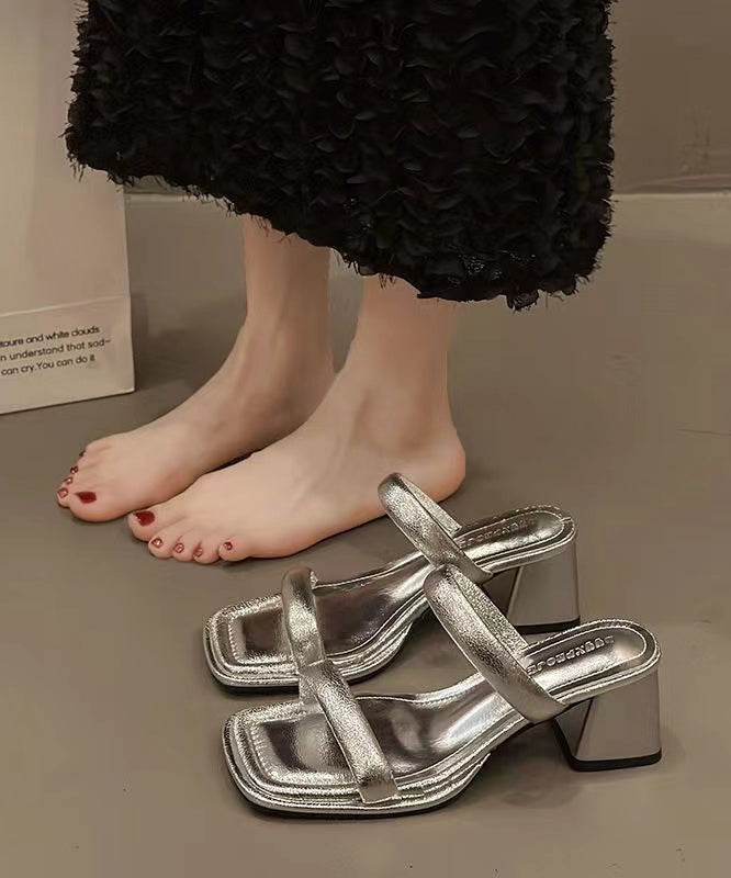 French Silver Chunky Heel Slide Sandals Peep Toe OI043 shoe-LT240801