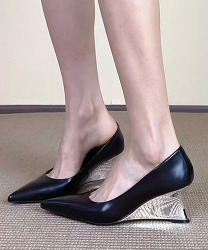 French Silver Faux Leather Wedge Heels Pointed Toe OI013 shoe-PG240801