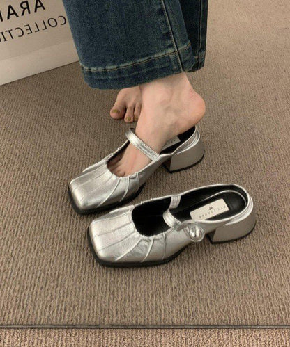 French Silver Pleats Chunky Faux Leather Slide Sandals OI076 shoe-LT240801