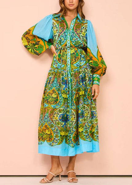 French Sky Blue Print Tie Waist Linen Shirts Dress Long Sleeve FF085 SH-LF-FDL240603