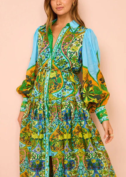 French Sky Blue Print Tie Waist Linen Shirts Dress Long Sleeve FF085 SH-LF-FDL240603